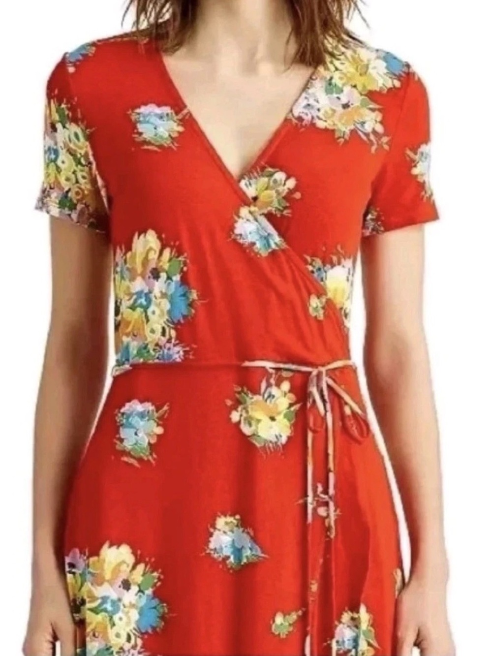 Ralph Lauren Dress Size Large Red Floral Faux Wrap Short Sleeve Ruffle Stretch